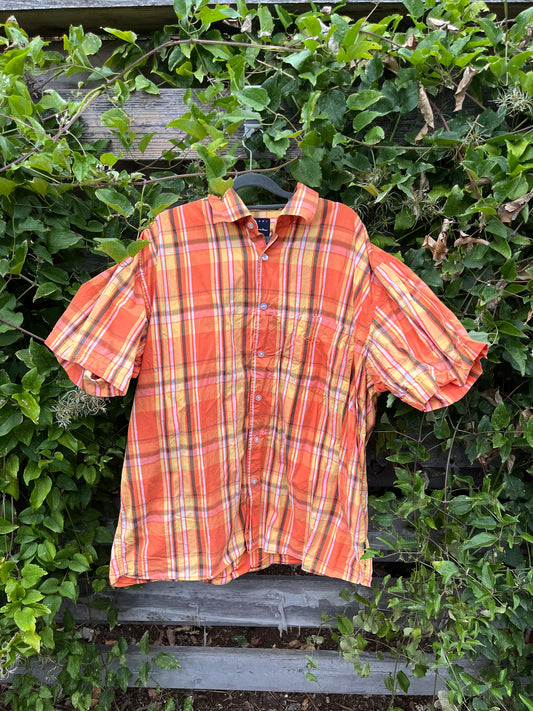 Karl Kanu Y2K Unisex Orange Plaid Men’s Button Up