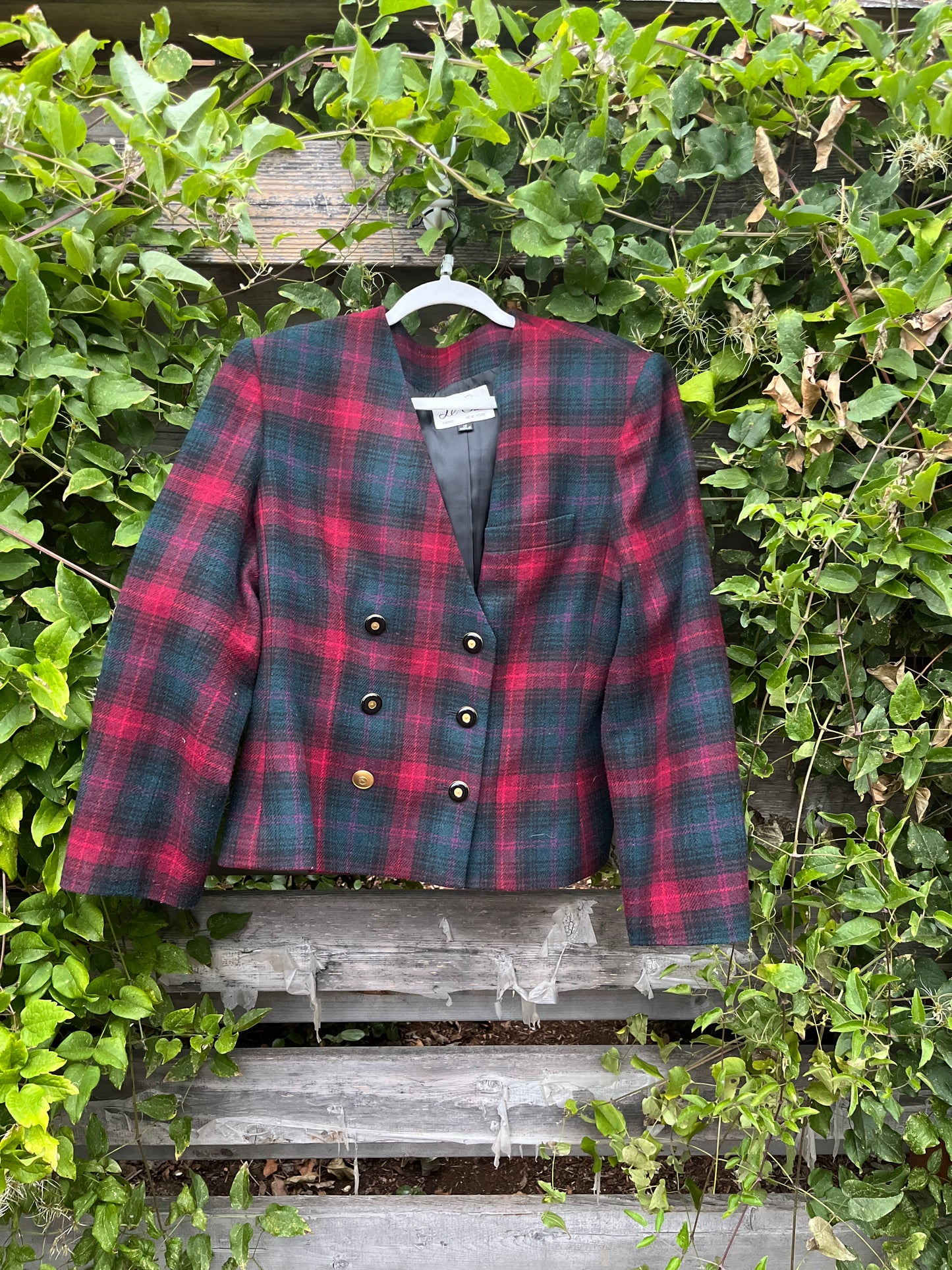 Le Suit Tartan Plaid Cropped Wool Blazer Size 12