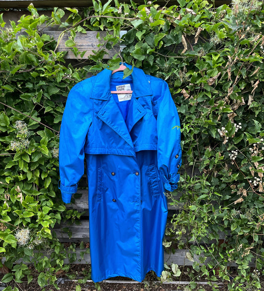 London Fog Towne Limits Aqua Blue Trench Rain Coat Belted Floorlength Size 8